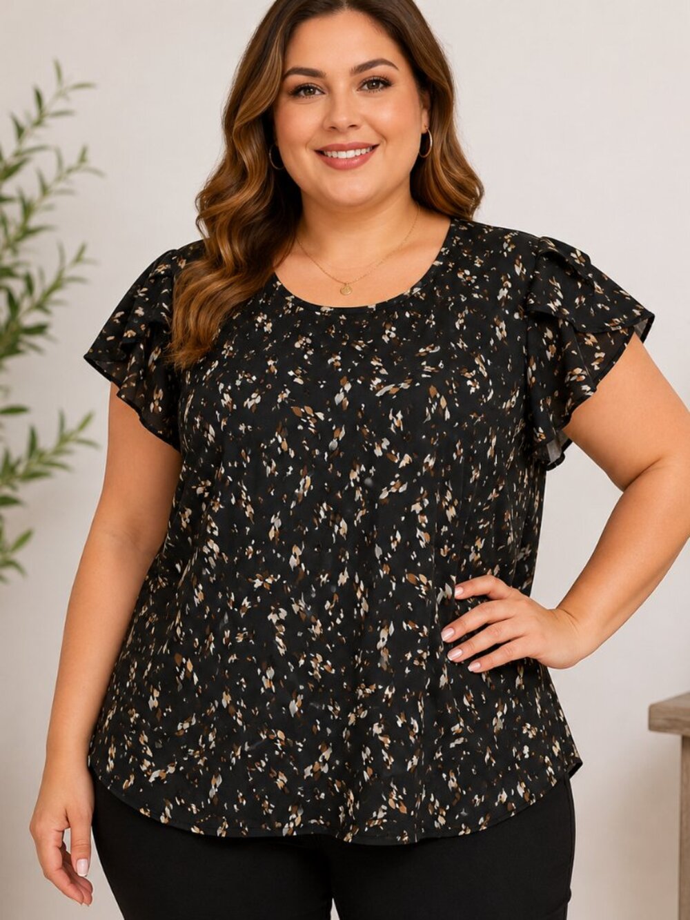 TASAMO Tulip Sleeve Scoop Neck Flowy Blouse Black Brown Women's Size XL